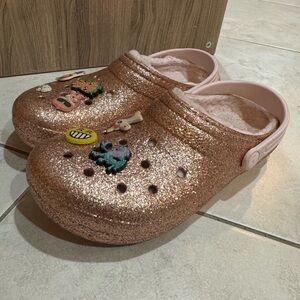 Crocs Classic Lined Glitter Clog Shoes Junior 5Y Womens 7 Gold Pink 207462-2UB